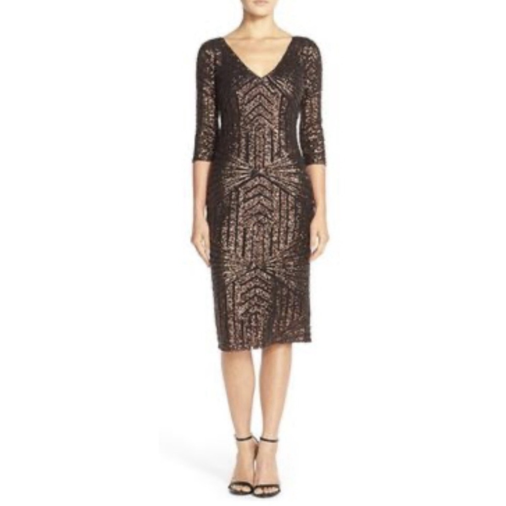 Vera Wang Sequin Mesh Sheath Dress Bronze Black SZ 12 Cocktail Holidays Party